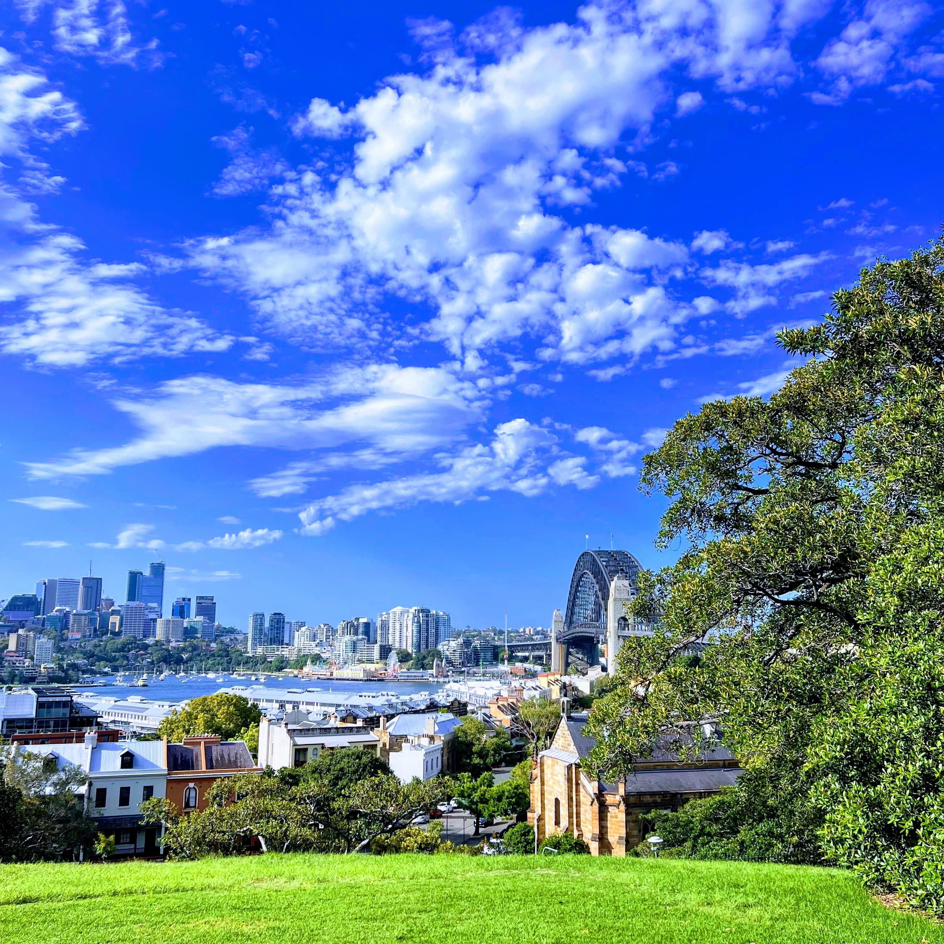 View of Sydney Harbour Bridge and CBD skyline from Observatory Hill, Sydney